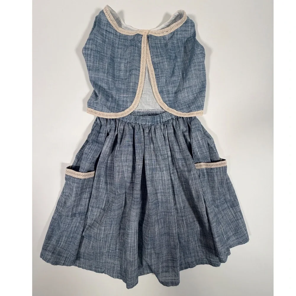 Vignette Nina Blue Cotton Chambray Lace Trim Dress Kids Boho Cottagecore Size 6